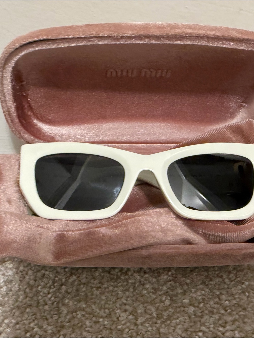Miu Miu Off-White Rectangular Sunglasses with Black Lenses